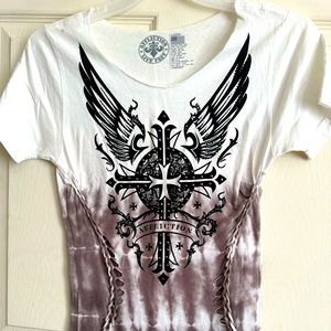 Women’s used Affliction shirt in white/brown size large